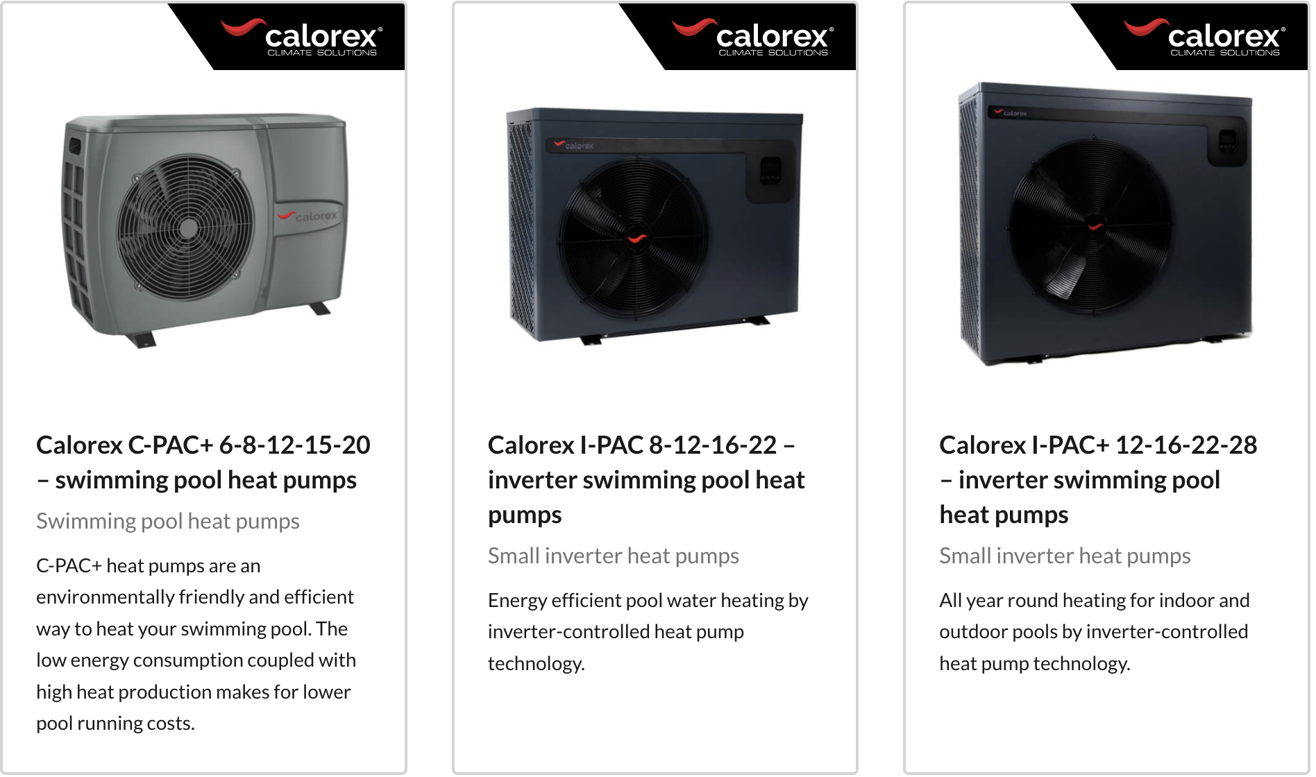 Calorex swimming pool air source heat pumps for residential swimming pools.