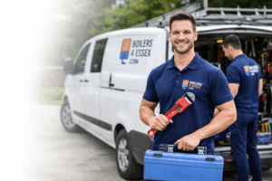 Boilers4Essex plumber holding tools beside a branded service van, providing domestic plumbing in Essex.
