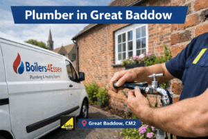 Plumber repairing an outdoor tap at a Great Baddow home beside a Boilers4Essex van (CM2).