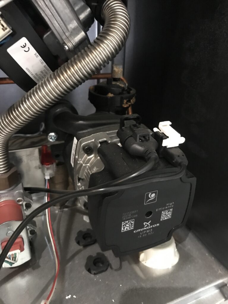 Replacement Grundfos boiler pump fitted inside a Potterton Ultra Combi 28 ERP in Broomfield, Chelmsford