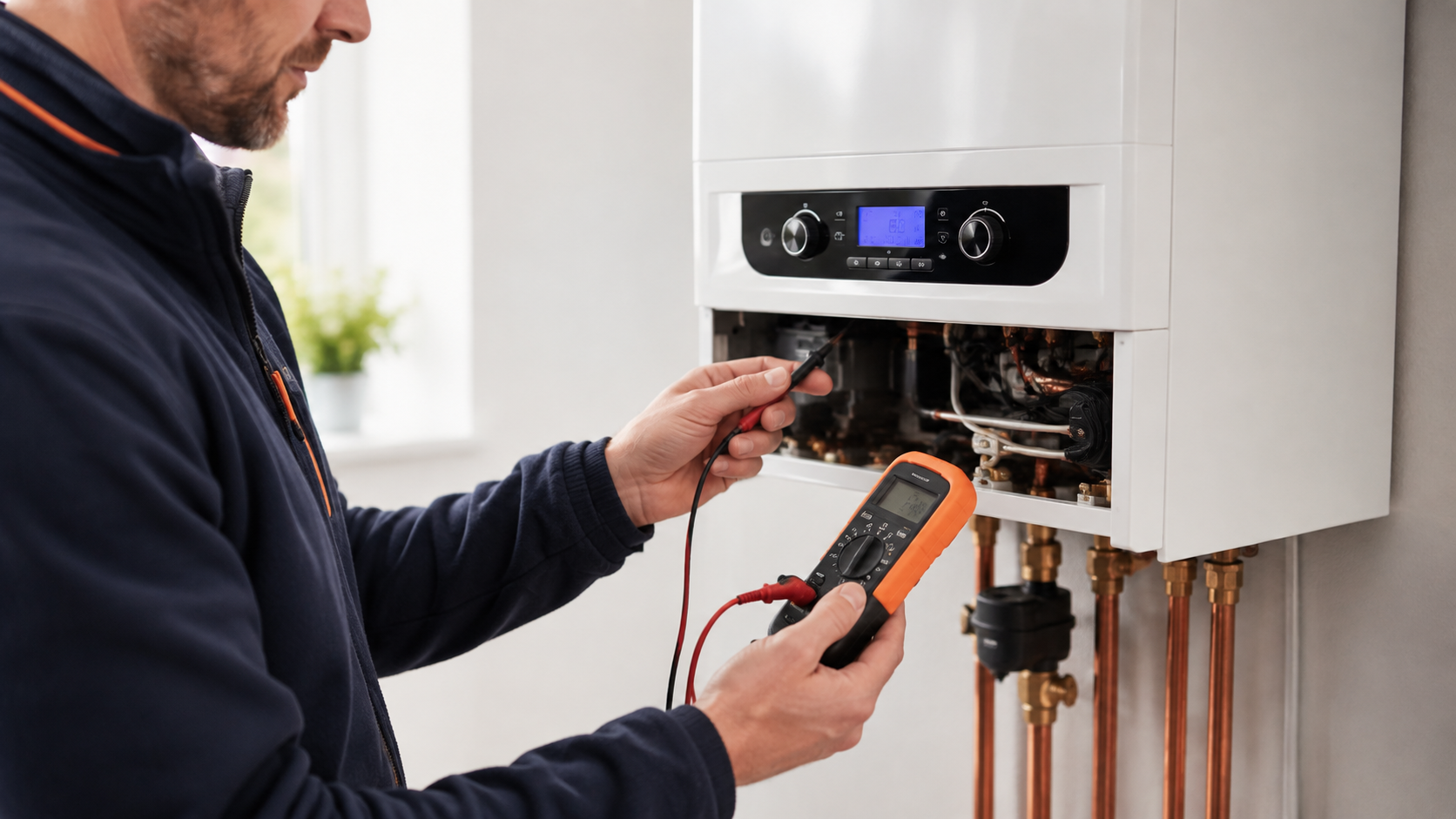 Engineer diagnosing a boiler fault in Maldon using test equipment