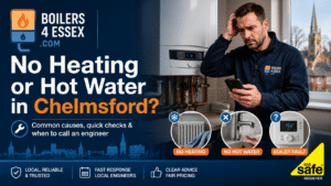Boilers 4 Essex engineer beside a faulty boiler for no heating or hot water in Chelmsford, with Gas Safe Register logo.