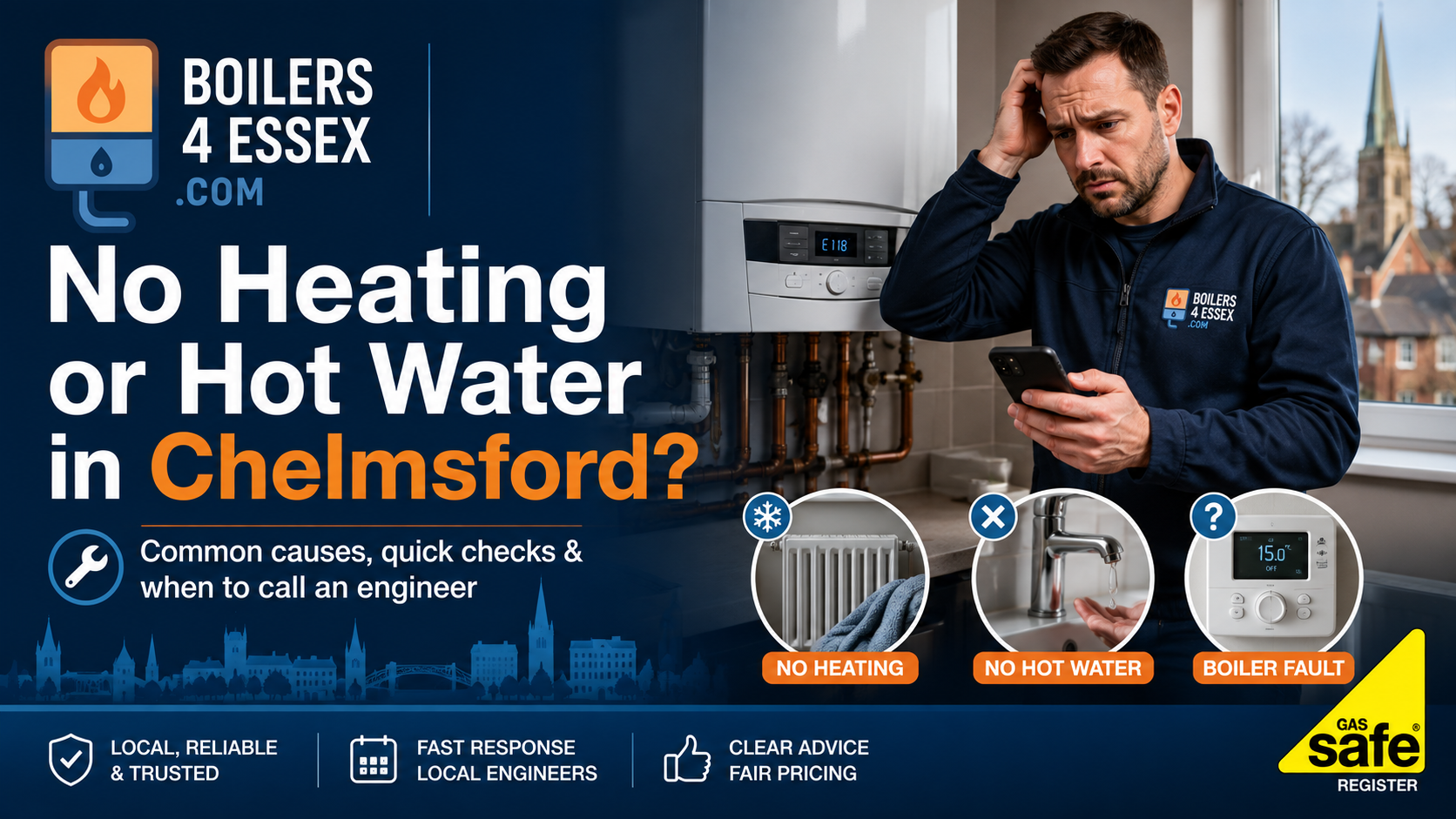 Boilers 4 Essex engineer beside a faulty boiler for no heating or hot water in Chelmsford, with Gas Safe Register logo.