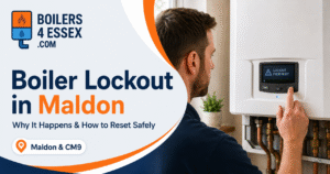 Boiler lockout in Maldon showing fault code and reset warning – Boilers 4 Essex repair guide
