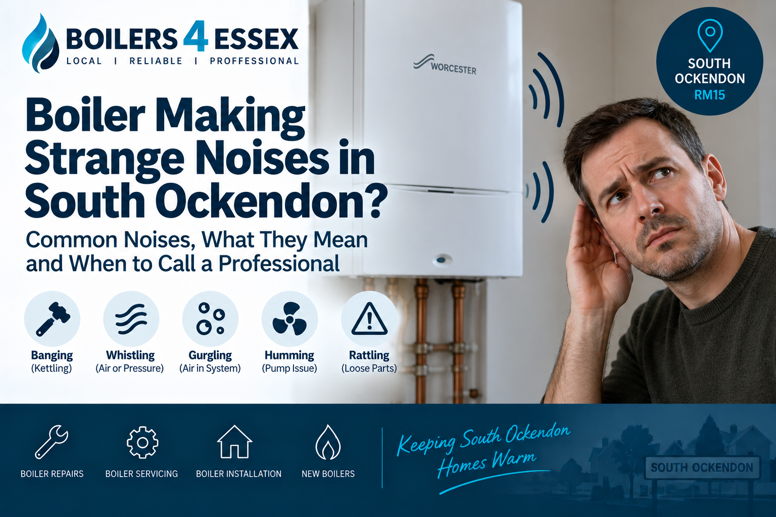 Homeowner listening to a Worcester boiler making strange noises in South Ockendon, including banging, whistling, gurgling, humming and rattling.