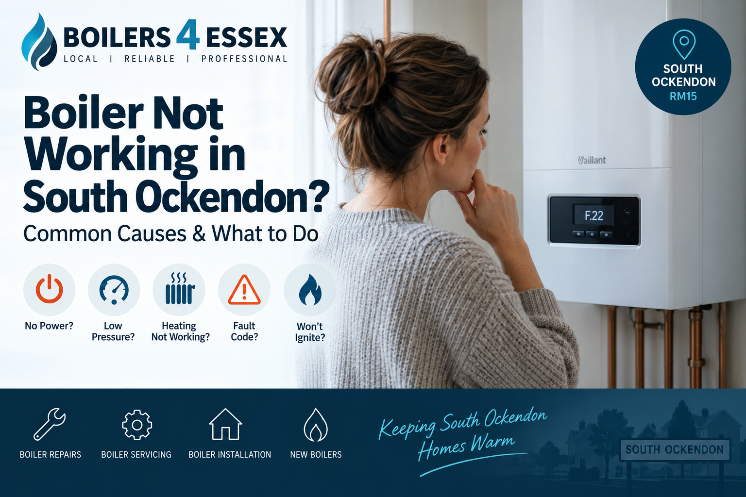 Homeowner checking a Vaillant boiler showing an F22 fault code in South Ockendon, with common boiler fault symptoms highlighted.