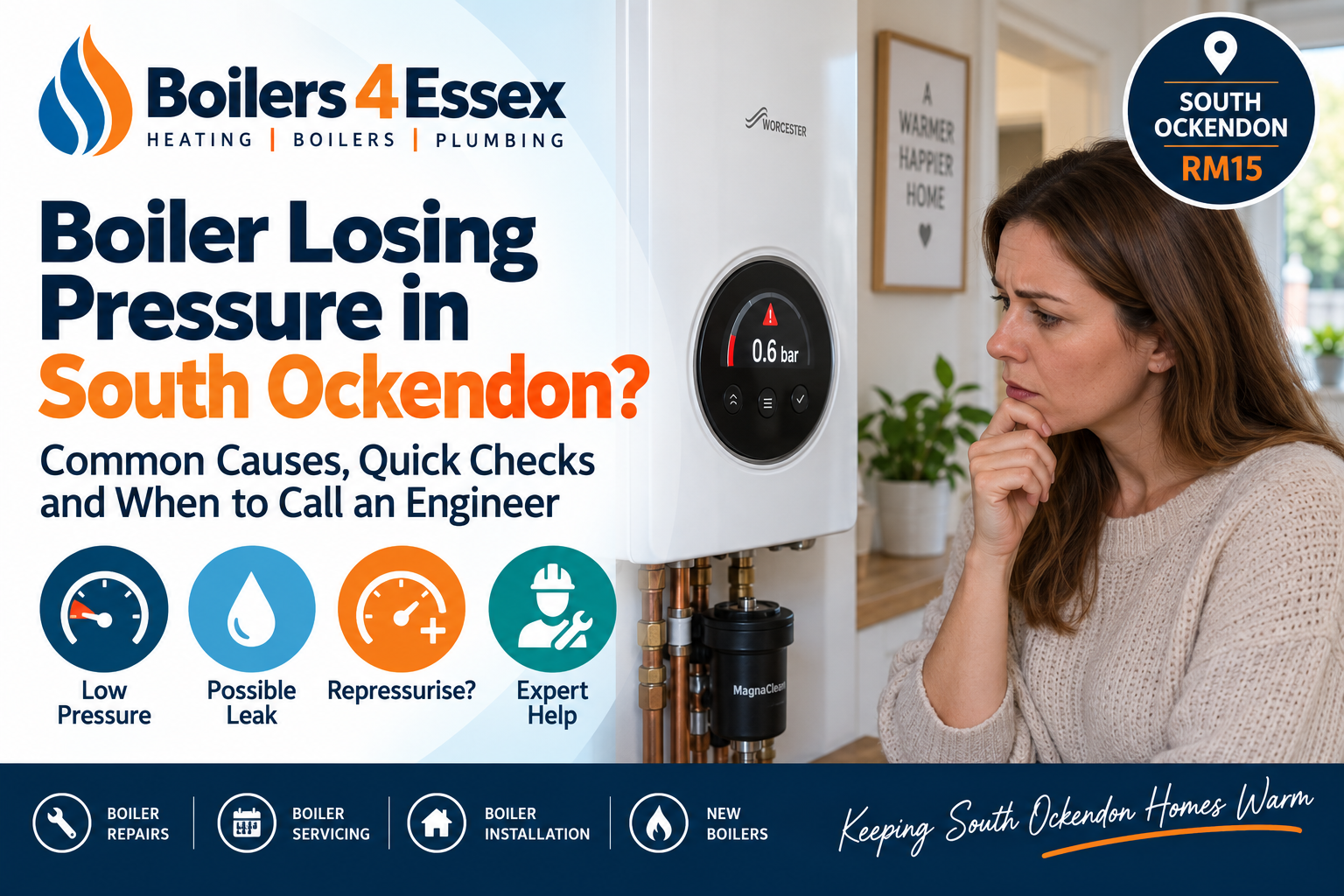Homeowner checking a Worcester boiler showing low pressure in South Ockendon, with a 0.6 bar warning on the display.