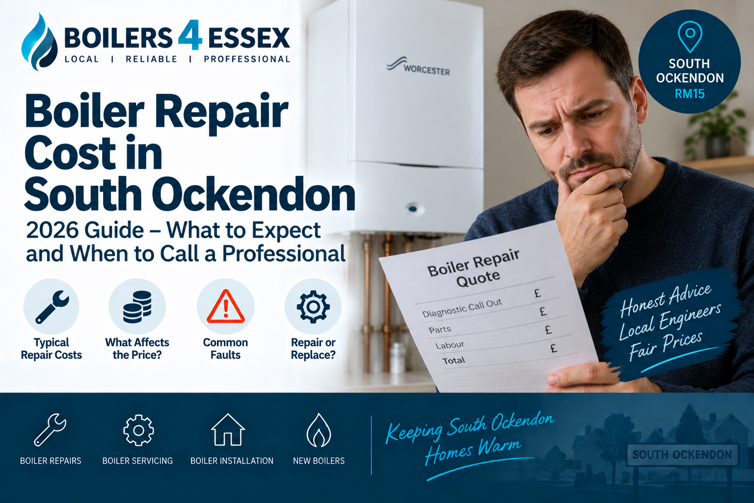 Homeowner reviewing a boiler repair quote in South Ockendon beside a Worcester boiler, with repair costs, parts and labour highlighted.