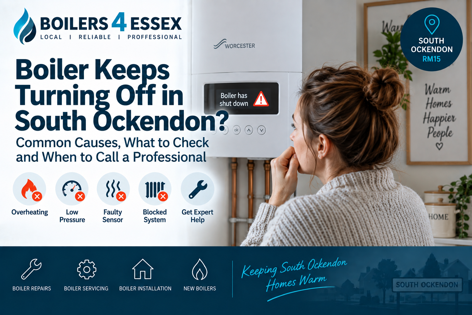 Homeowner checking a Worcester boiler that keeps turning off in South Ockendon, with common causes including low pressure and overheating.