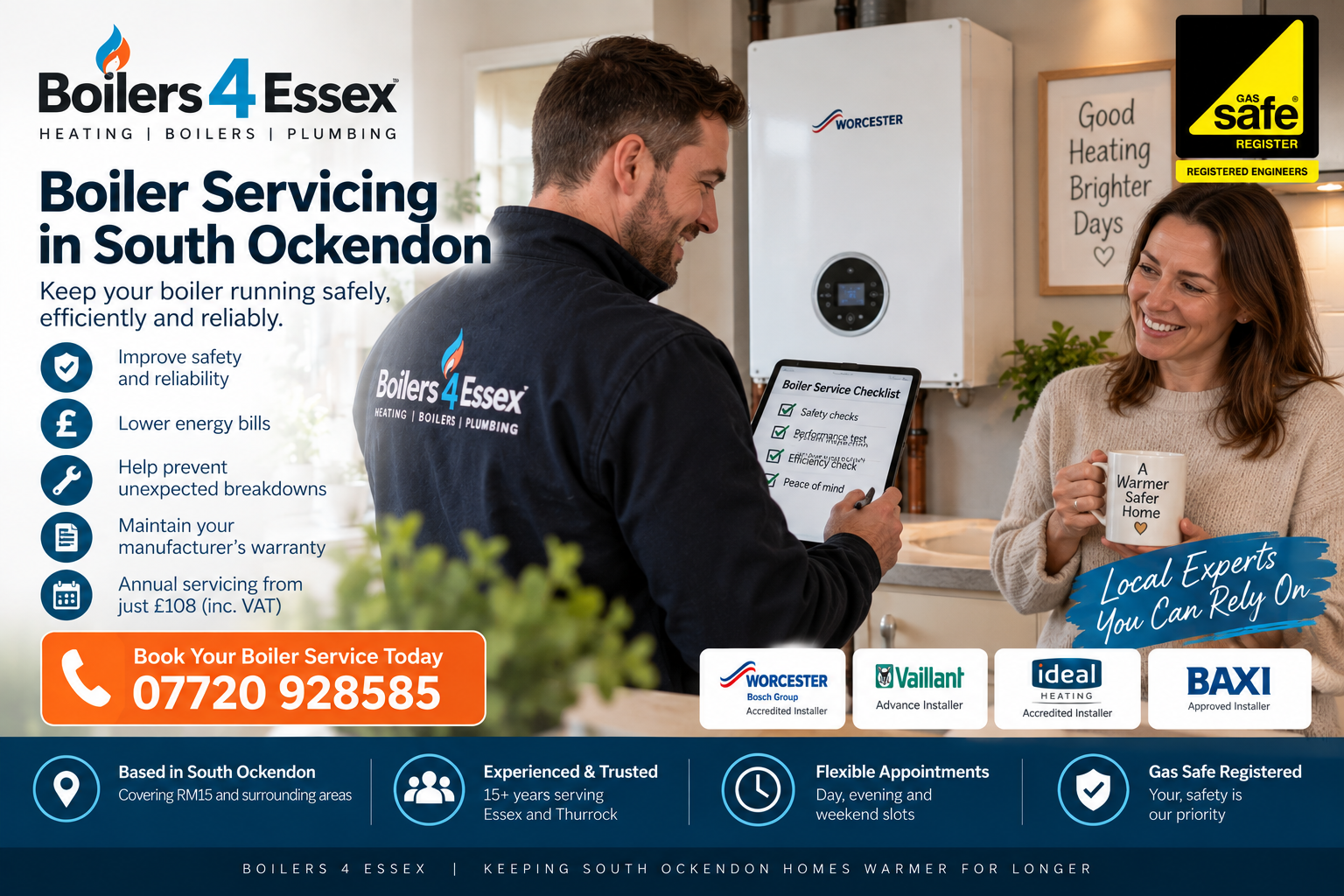 Boilers 4 Essex Gas Safe engineer carrying out a boiler service in South Ockendon while a homeowner looks on.