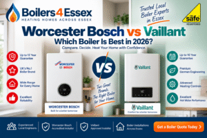 Worcester Bosch vs Vaillant boiler comparison 2026 from Boilers 4 Essex showing both leading boiler brands side by side.