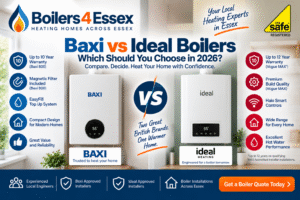 Baxi vs Ideal boilers comparison 2026 from Boilers 4 Essex showing Baxi and Ideal boilers side by side for Essex homeowners.