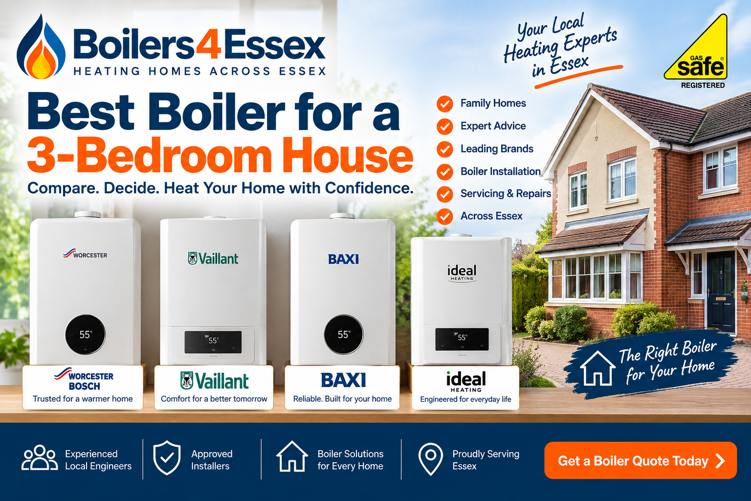 Best boiler for a 3 bedroom house guide from Boilers 4 Essex comparing Worcester Bosch, Vaillant, Baxi and Ideal boilers for family homes.