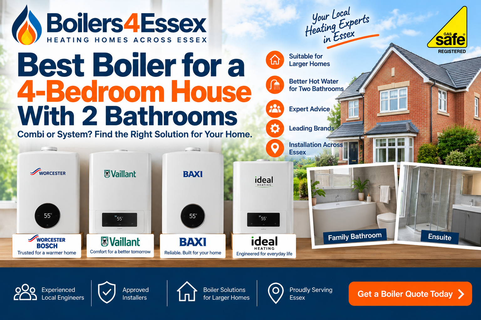 Best boiler for a 4 bedroom house with 2 bathrooms guide from Boilers 4 Essex comparing Worcester Bosch, Vaillant, Baxi and Ideal boilers.