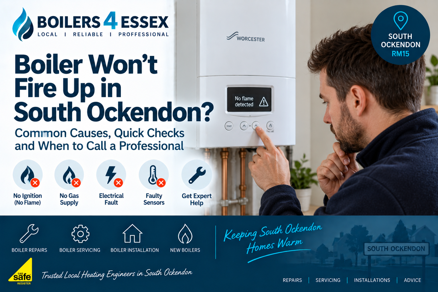 Homeowner checking a Worcester boiler that will not fire up in South Ockendon, with a no-flame warning on the display.