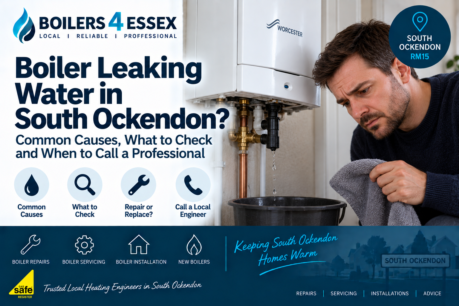 Homeowner checking water leaking from a Worcester boiler in South Ockendon, with drips collecting in a bucket below the appliance.