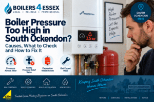 Homeowner checking a Worcester boiler showing high pressure at 3.5 bar in South Ockendon, with pressure-related fault causes highlighted.