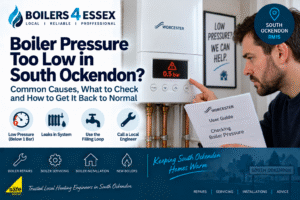 Homeowner checking a Worcester boiler showing low pressure at 0.5 bar in South Ockendon while reading the boiler user guide.