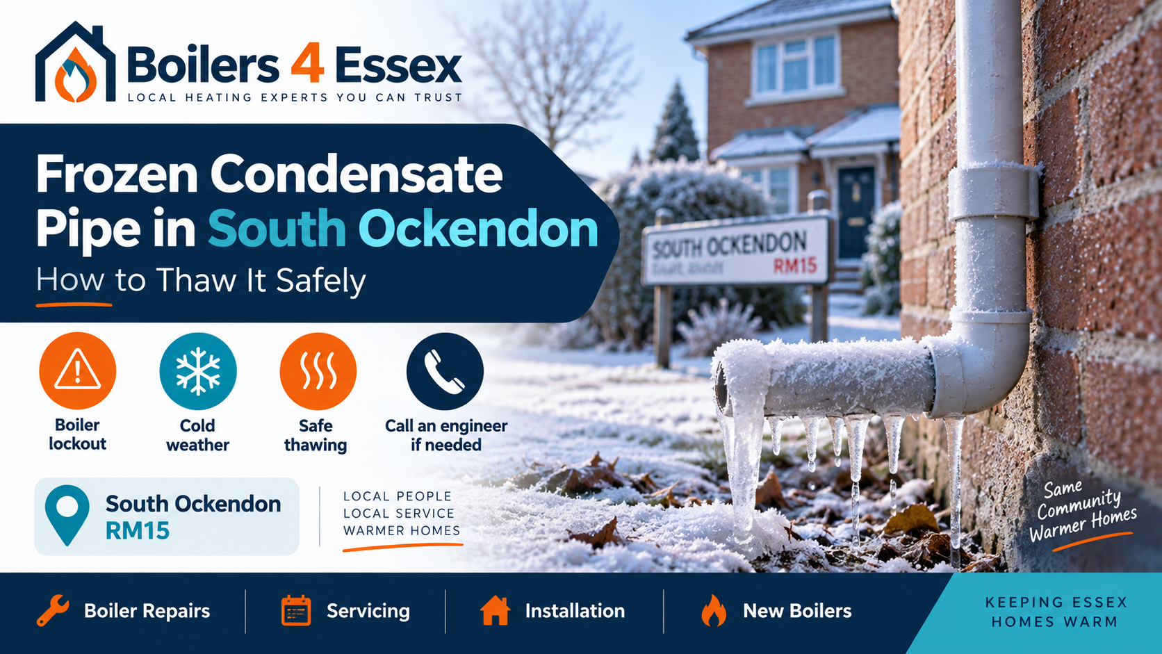 Frozen boiler condensate pipe covered in ice outside a home in South Ockendon during cold weather.