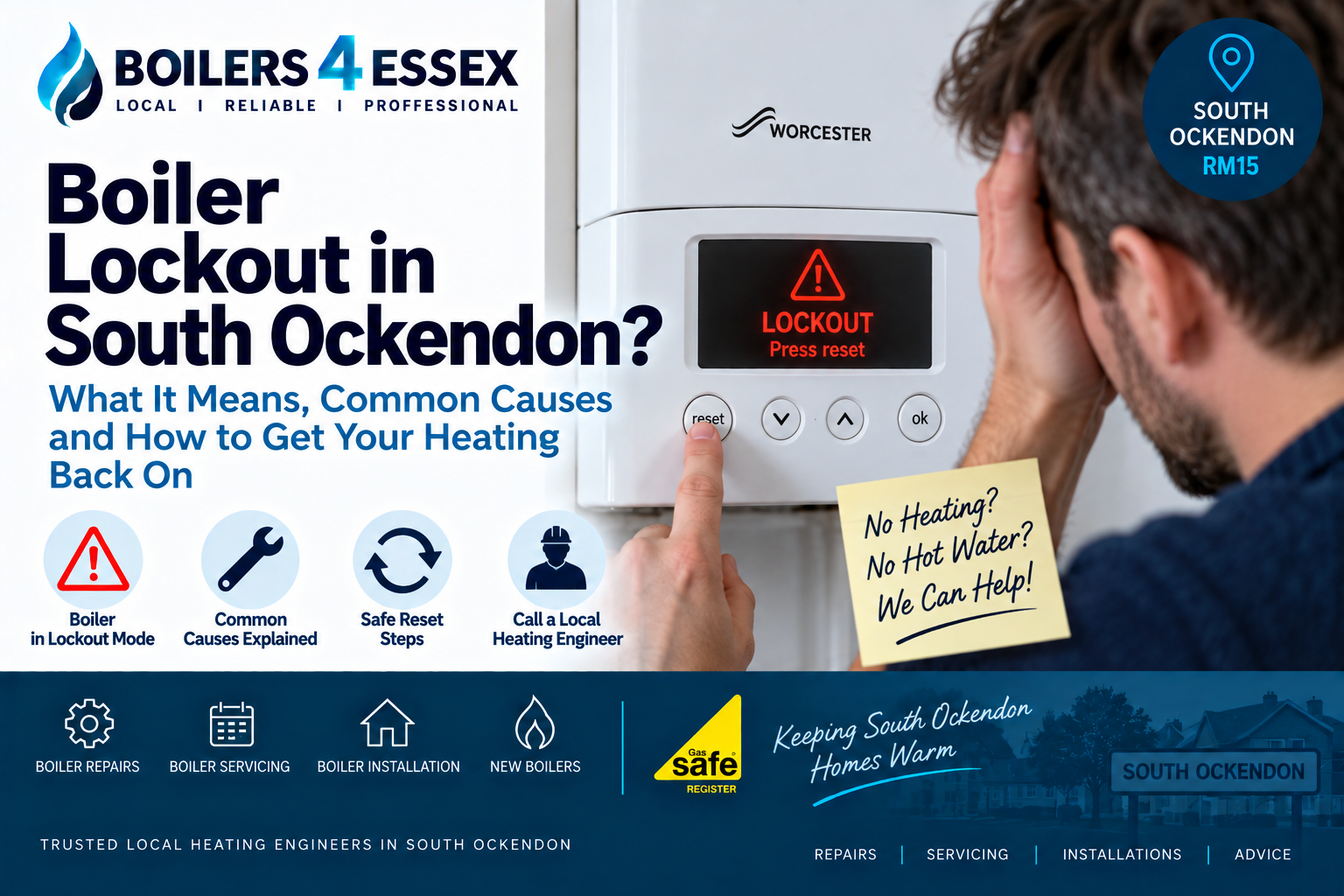Homeowner checking a Worcester boiler in lockout mode in South Ockendon, with the display showing a reset warning.