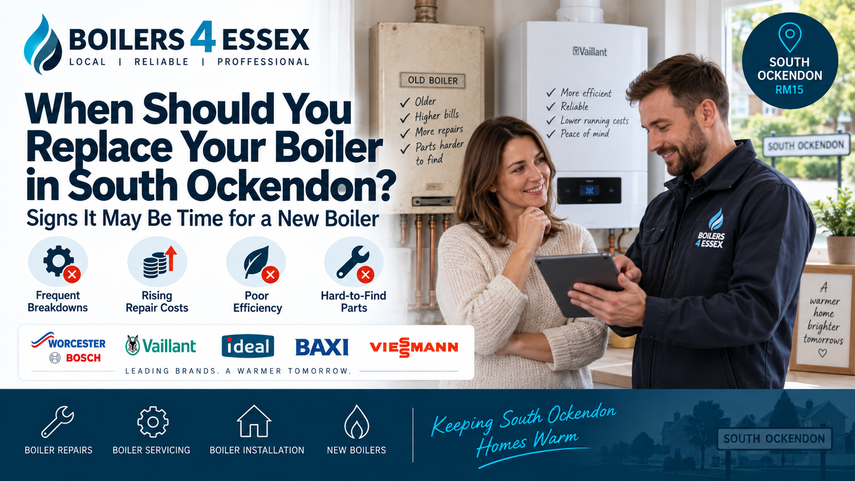Boilers 4 Essex engineer discussing boiler replacement with a homeowner in South Ockendon, comparing an older boiler with a modern Vaillant boiler.