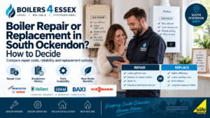 Boilers 4 Essex engineer discussing whether to repair or replace a boiler with a homeowner in South Ockendon, comparing an older boiler with a modern Vaillant boiler.