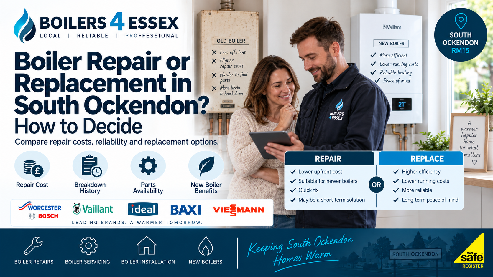Boilers 4 Essex engineer discussing whether to repair or replace a boiler with a homeowner in South Ockendon, comparing an older boiler with a modern Vaillant boiler.