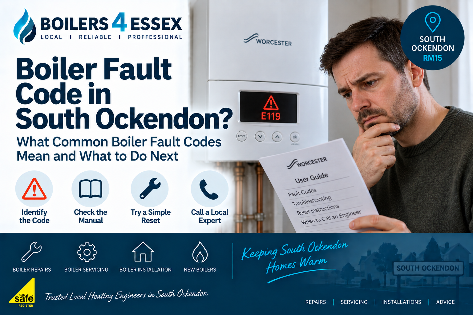 Homeowner checking a Worcester boiler showing an E119 fault code in South Ockendon while consulting the boiler user guide.