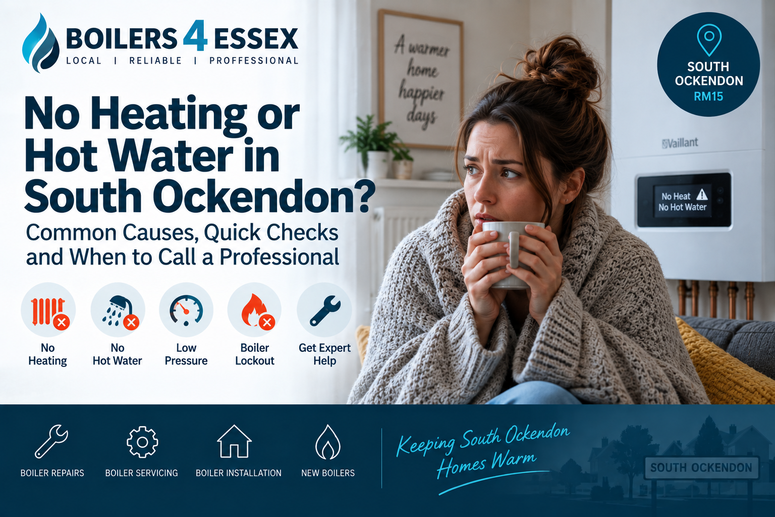 Homeowner with no heating or hot water in South Ockendon beside a Vaillant boiler showing a fault warning.