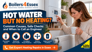 Woman checking her boiler after discovering she has hot water but no heating. Boilers 4 Essex guide to thermostat faults, motorised valves, circulation pumps and diverter valve problems.
