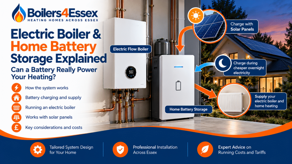 Electric flow boiler connected to a home battery storage system with solar panels, illustrating battery-powered central heating in Essex.