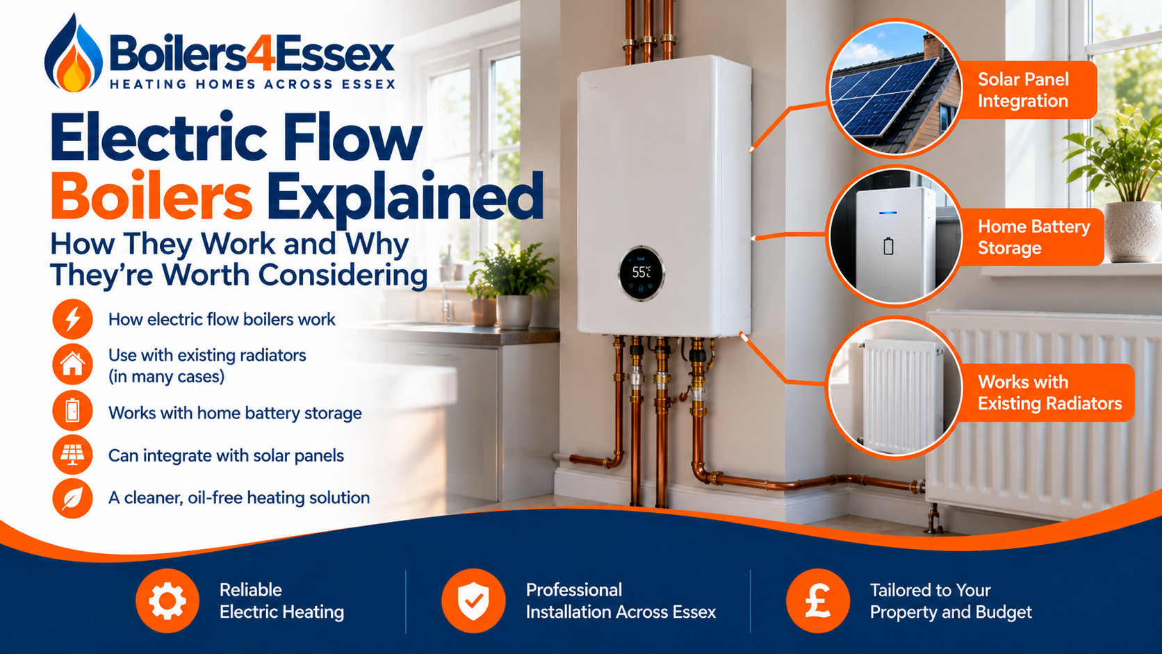 Electric flow boiler with home battery storage and solar panels illustrating electric central heating options from Boilers 4 Essex.