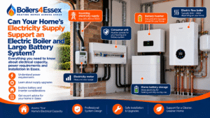 Electric flow boiler, home battery storage, electricity meter and consumer unit illustrating electrical supply requirements for electric heating in Essex.