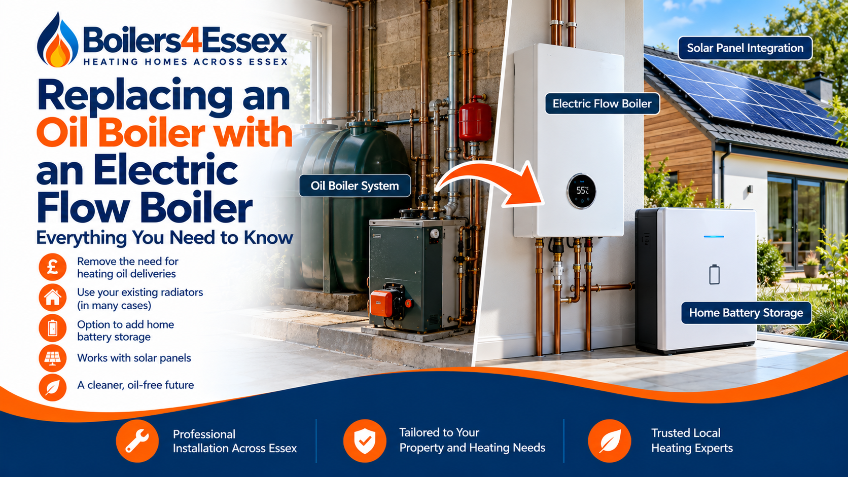 Replacing an oil boiler with an electric flow boiler, showing home battery storage and solar panels as alternative heating options in Essex.