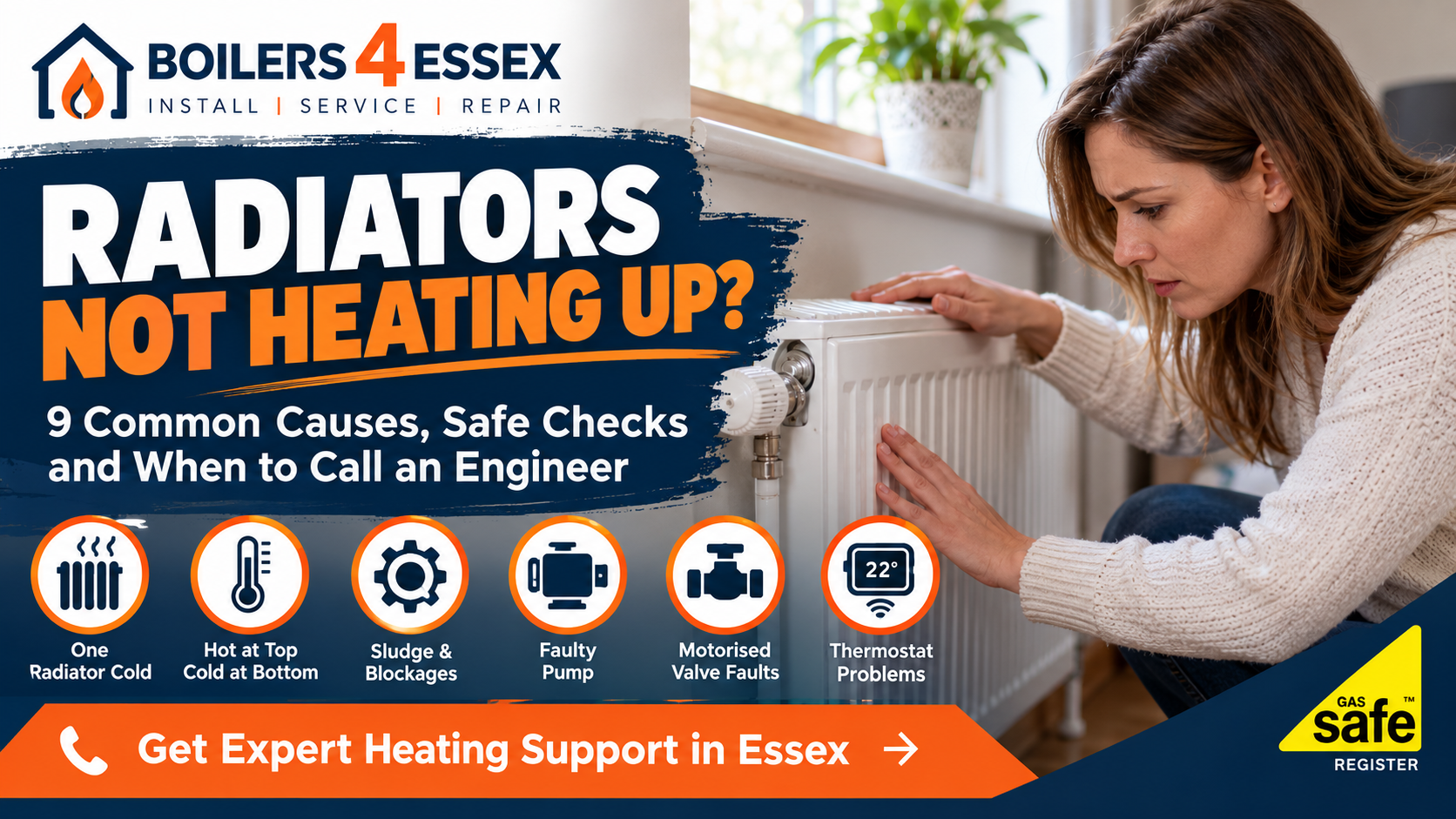 Woman checking a cold radiator in her home. Boilers 4 Essex guide to radiators not heating up, including faulty valves, trapped air, sludge, heating pumps and thermostat problems.