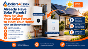 Solar panels powering an electric flow boiler and home battery storage system, illustrating solar electric central heating for Essex homes.