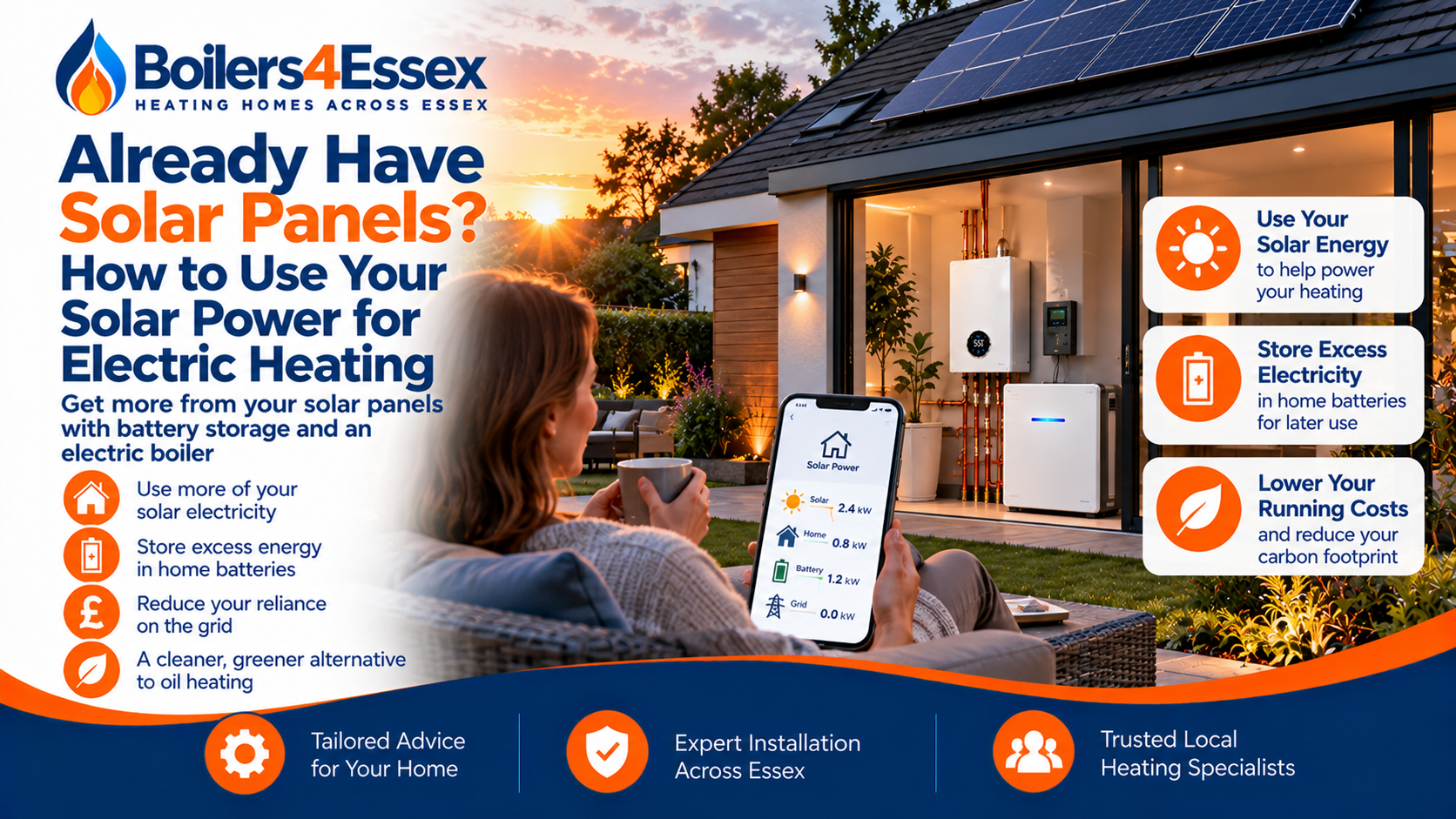 Home with rooftop solar panels, an electric flow boiler and battery storage illustrating solar-powered electric heating in Essex.