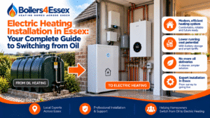 Switching from oil to electric heating in Essex, showing an oil storage tank, electric flow boiler and home battery storage system.